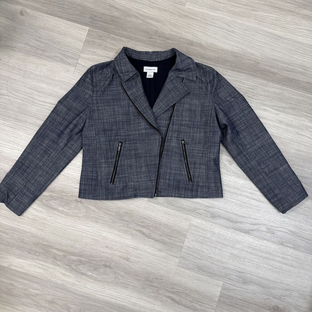 Liz Claiborne Women’s Blue Chambray Moto Jacket Sz L | Zip Front, Lightweight